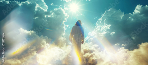 Heaven, christ and silhouette with background for religion, faith and spiritual god for sunshine, believe and sacrifice. Clouds, man and light flare for Catholic, Christianity and bible concept