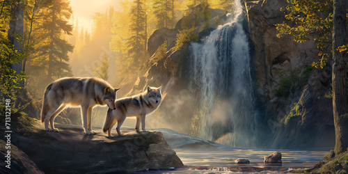 Dois lobos cinzentos visitando uma cachoeira na floresta photo