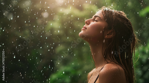 beautiful young woman standing in the rain with green forest background #713122150