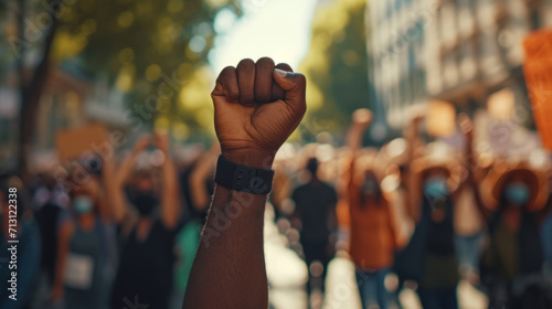 Man marching in protest with a group of protestors with their fist raised in the air as a sign of unity for diversity and inclusion