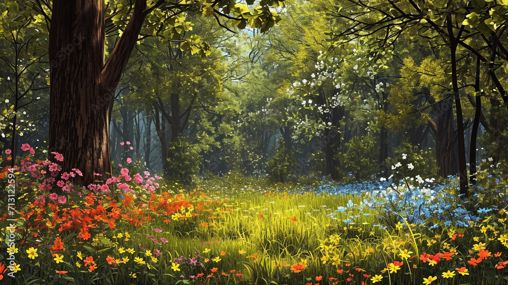 Obraz premium An artistic representation of the forest edge during spring, with a seamless blend of blossoming trees and wildflowers, creating a visually enchanting border that marks the beginni