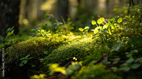 A close-up shot capturing the intricate details of plants and mosses at the forest edge, where sunlight spills onto the forest floor, creating a visually elaborate composition that
