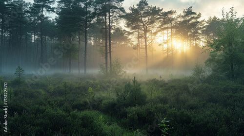 A visually striking scene of a forest edge at dawn, with mystical fog settling among the trees and casting an ethereal glow on the vegetation, creating a serene and atmospheric woo