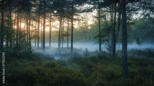 A visually striking scene of a forest edge at dawn  with mystical fog settling among the trees and casting an ethereal glow on the vegetation  creating a serene and atmospheric woo