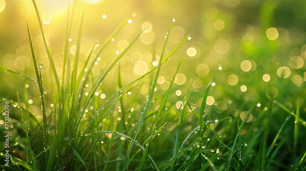Lush green grass on meadow with drops of water dew in shining light. Generative AI