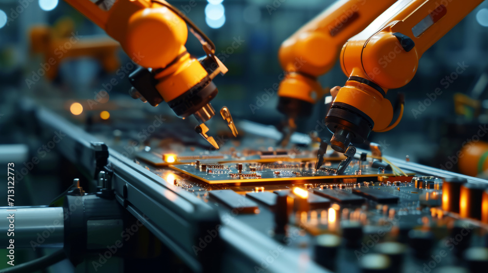 An automated printed circuit board assembly line equipped with high-precision robots in an electronics factory.