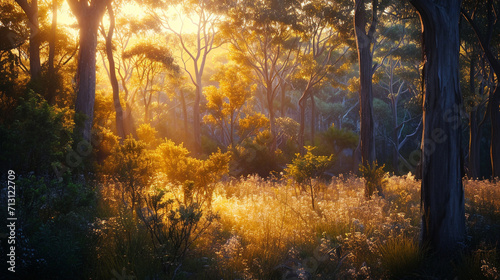 A visually elaborate image of a forest edge at sunset, with the golden hour casting a warm and magical glow on the trees and vegetation, creating a captivating and dreamy atmospher