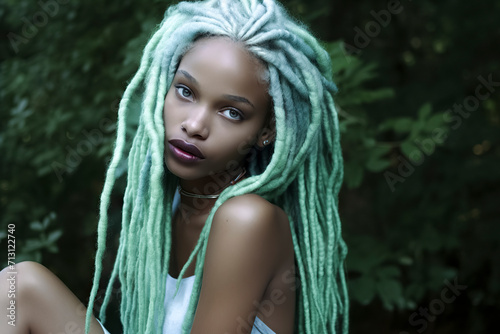 A pblack prett woman with green dreadlocks and a necklace, wearing a tank top, is sitting outdoors, ai generative photo