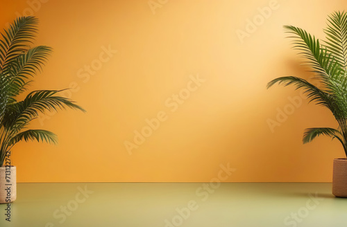Empty blank marble tabletop on a yellow wall, beautiful floral tropical shadow. Minimalistic backdrop for product presentation, podium, pedestal. Showcase, display case. Minimal abstract background.