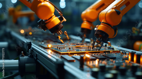 An automated printed circuit board assembly line equipped with high-precision robots in an electronics factory.