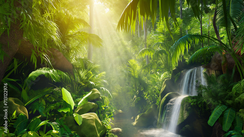 Lagoa na floresta com cachoeira e plantas tropicais sobre a luz do sol  photo