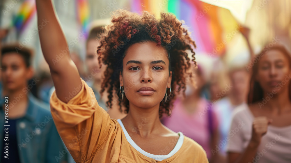 LGBT woman marching in protest with a group of protestors with their fist raised in the air as a sign of unity for diversity and inclusion. LGBT woman marching in protest with a group of protestors with their fist raised in the air as a sign of unity for diversity and inclusion.