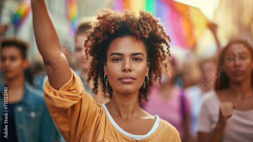 LGBT woman marching in protest with a group of protestors with their fist raised in the air as a sign of unity for diversity and inclusion. photo