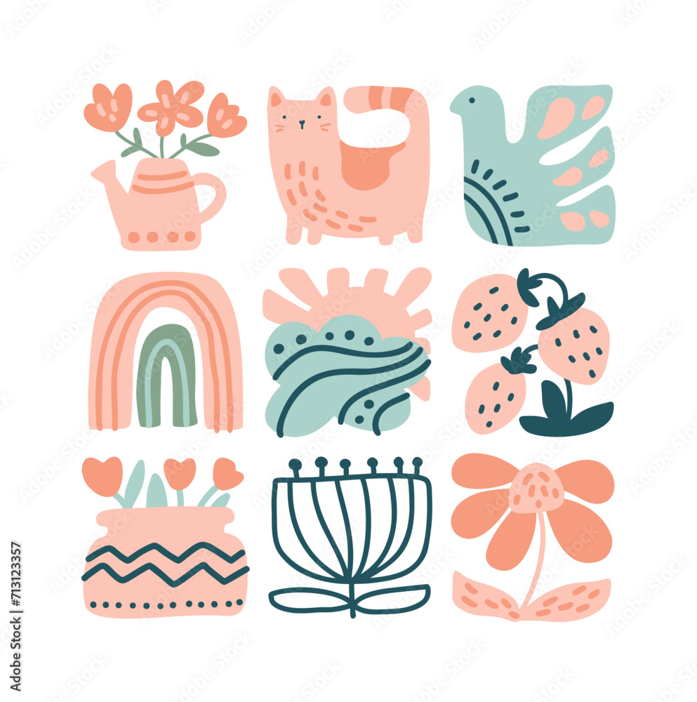 Vector spring ethnic logo composition pattern tile mosaic of bird, flower, leaf, strawberry and branch. Cute boho illustration in hand drawn constructor in square for scandinavian greeting card