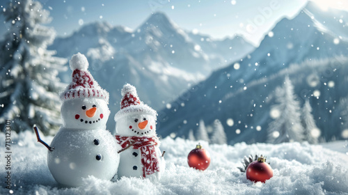 Material snowmans standing in the snow in the foreground. A picturesque landscape of snow-capped mountains and Christmas trees in the background © standret