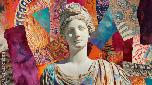 paper collage of roman statue surrounded by ugly sweater pattern, prints and vibrant colors