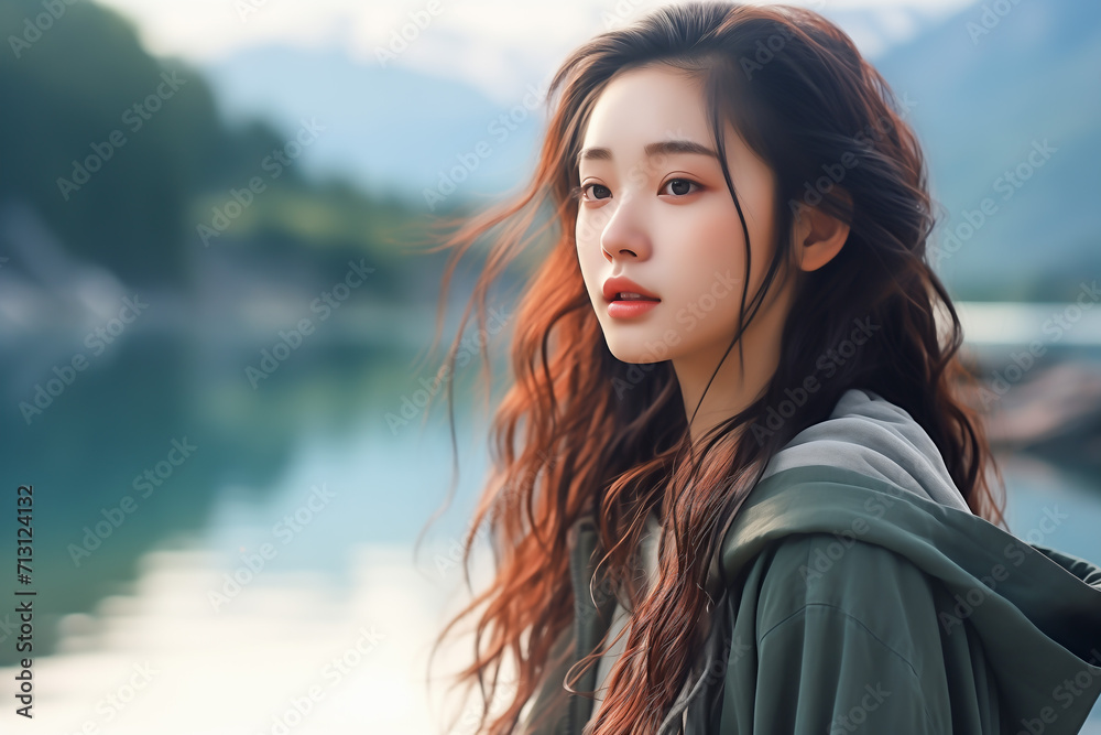Asian young beautiful woman on the lake shore