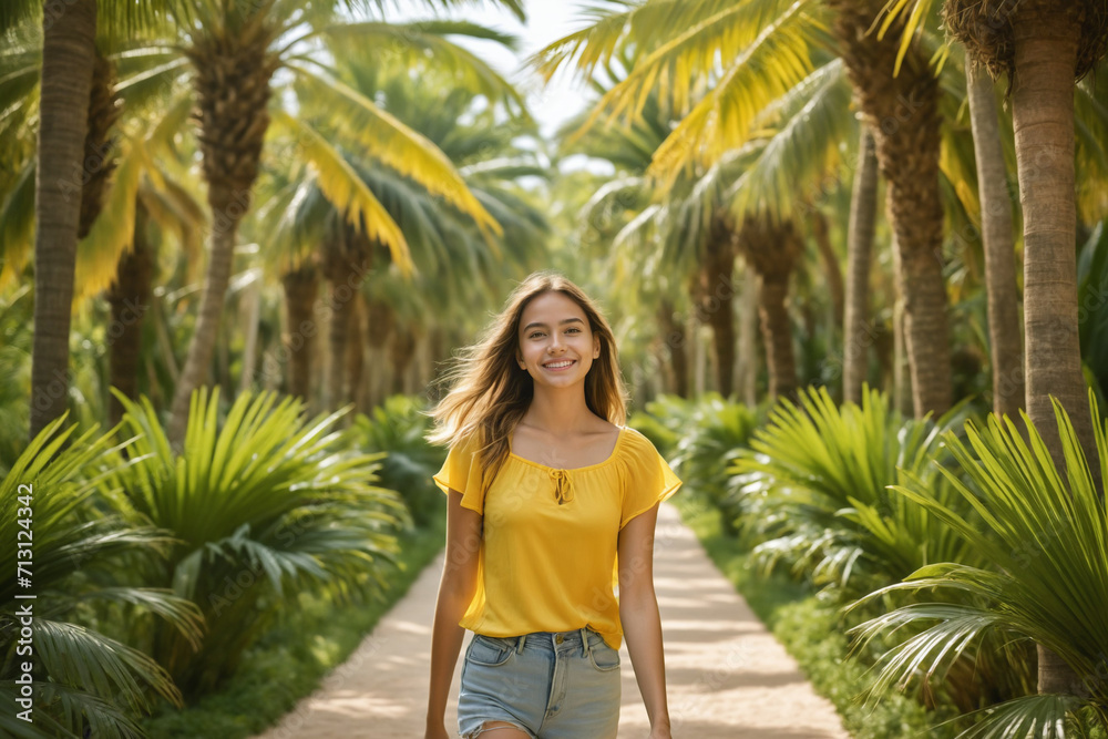 A smiling young girl in a yellow top walks through a lush palm-lined pathway, radiating a sense of adventure and happiness A smiling young girl in a yellow top walks through a lush palm-lined pathway, radiating a sense of adventure and happiness