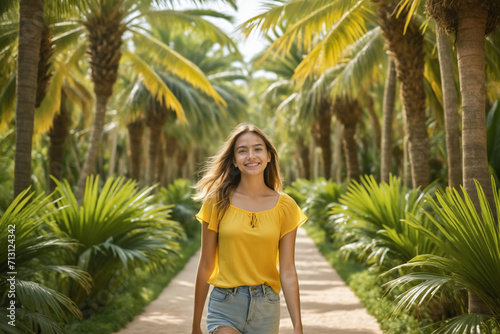 A smiling young girl in a yellow top walks through a lush palm-lined pathway  radiating a sense of adventure and happiness