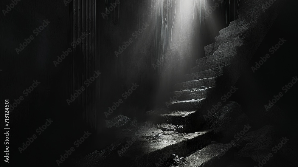 photorealistic monochrome or uniform visual theme image of a  the stairs in the dark. versatile background with text, for websites, featured images on blogs and in print