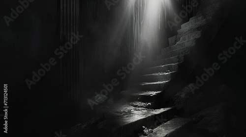 photorealistic monochrome or uniform visual theme image of a the stairs in the dark. versatile background with text, for websites, featured images on blogs and in print
