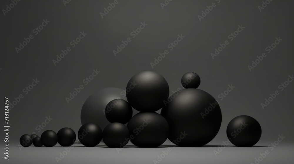 3D black matte spheres of different sizes and transparency. Dark colour palette. Abstract background. Generative AI 3D black matte spheres of different sizes and transparency. Dark colour palette. Abstract background. Generative AI