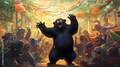 Tropical Rhythms: Immerse in the vibrancy as a sun bear leads a dance party in a Southeast Asian rainforest. Join the celebration  photo