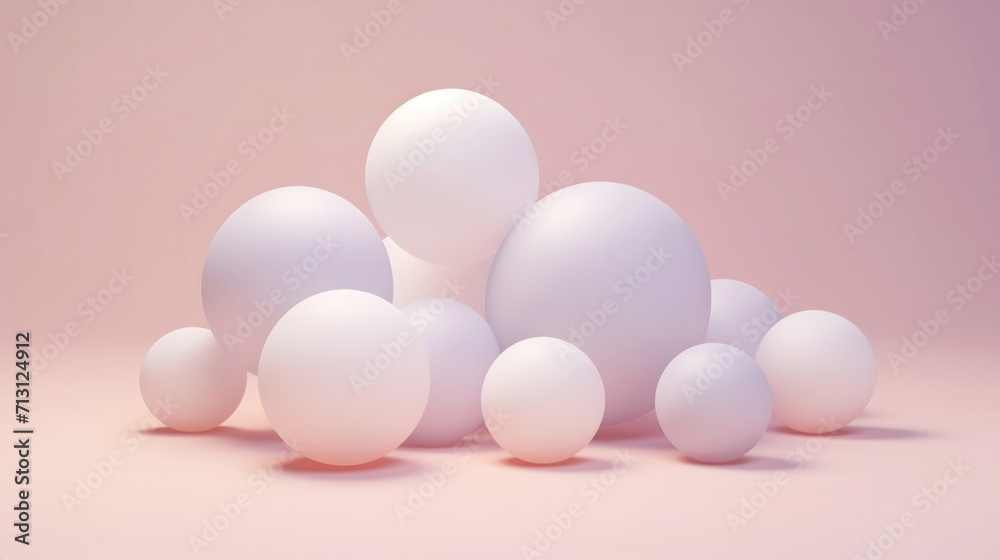 Fototapeta premium 3D pink spheres of different sizes and transparency. Pastel colour palette. Abstract background. Generative AI