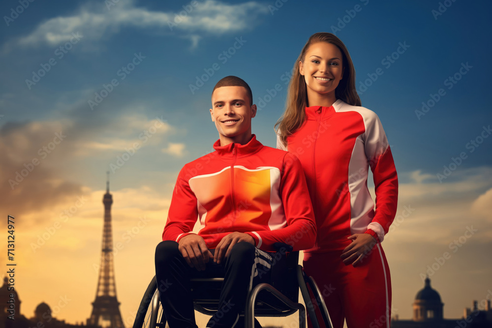 Fototapeta premium Pair of Paralympic athletes from the national team pose against the Eiffel Tower.Paris Summer Paralympic Games 2024. 