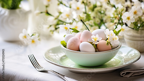 Beautiful Easter table setting with eggs and spring flowers