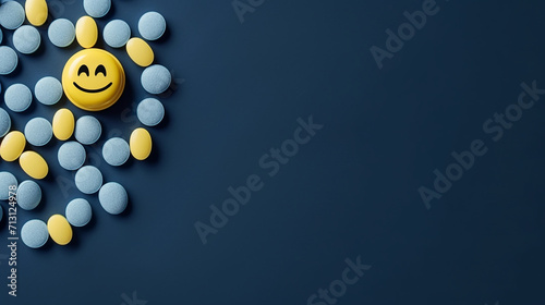 Yellow pills with smiley face and blue pills on blue background. Depression treatment concept photo