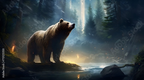 Ethereal Grizzly: Explore magical scenes of a North American forest with a mystical grizzly bear. Uncover enchanting moments on Adobe Stock