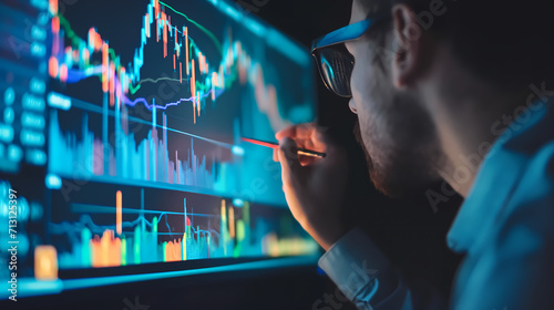 Finance trade manager analyzing stock market indicators for best investment strategy, financial data and charts  photo