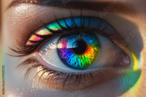 A close-up beautiful eye of a female person, iris with rainbow colors, cinematic light