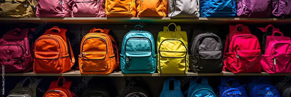 A row of colorful backpacks and bags on a shelf. created with technology