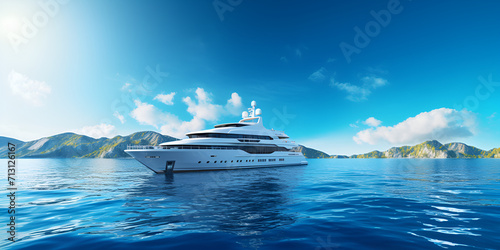 A beautiful modern luxury yacht floating in the sea on a sunny day Luxurious yacht crystal clear blue water with mountains and sky on the background Ai Generative