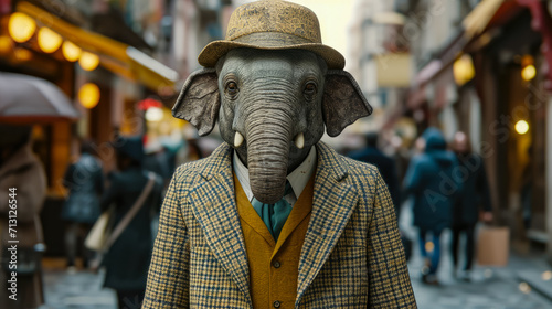 Elegant elephant gracefully walks through urban streets, adorned in tailored sophistication, epitomizing street style. The realistic city backdrop captures the majestic presence blended with contempor © Дмитрий Симаков