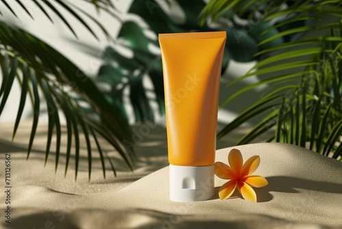 Sunscreen template. tube of sunscreen on beach sand, tropical flowers