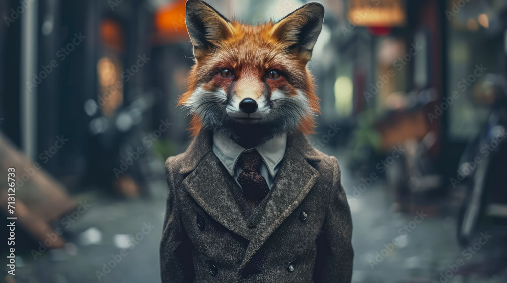 Fashionable red fox traverses city streets in tailored elegance, epitomizing street style. The realistic urban backdrop frames this vulpine beauty, seamlessly merging russet charm with contemporary fl