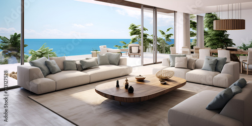 Modern luxury interior living room with plants and ocean on the background The spacious minimal wooden floor living space of luxury coastal mansion Ai Generative