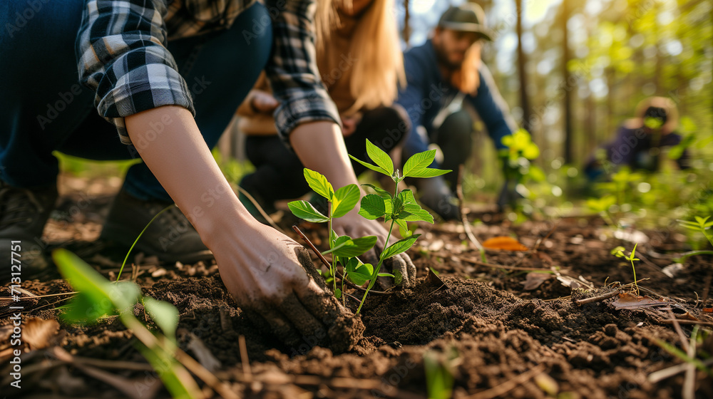 Afforestation Efforts in Action: Volunteers Planting Young Trees in Forest Soil, Conservation and Reforestation in Sunlit Woods - obrazy, fototapety, plakaty 