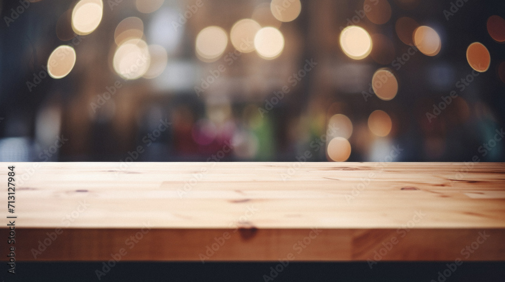 Wooden kitchen home table bokeh background, empty wood desk tabletop food counter surface product display mockup with blurry cafe abstract backdrop advertising presentation. Mock up, copy space.