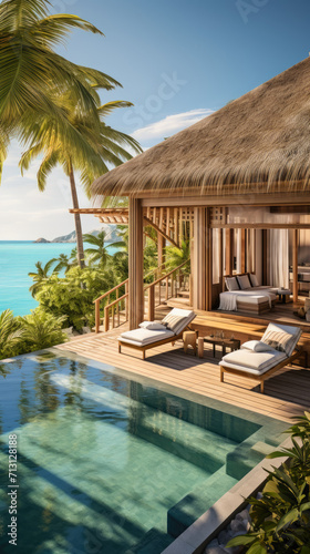 Highlight an exclusive island retreat: pristine beaches, private cabanas, azure waters, elite relaxation, tropical opulence, seclusion in paradise, ultimate luxury island indulgence © Дмитрий Симаков