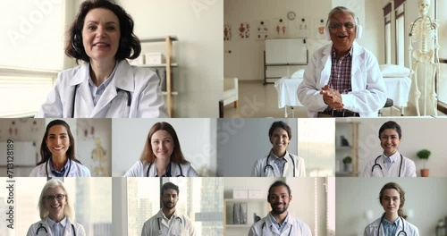 Videos collage view group of young and mature multiethnic physicians negotiating, share ideas and opinions about patient treatment take part in teleconference with colleagues. On-line medical council photo