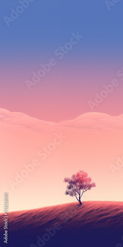 a lonely tree on a hill in the rays of the setting sun.  copy space