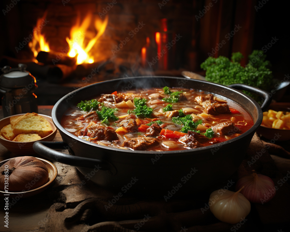 Traditional dish stewed meat with vegetables, hot stew in cast iron frying pan Traditional dish stewed meat with vegetables, hot stew in cast iron frying pan