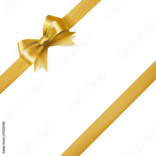 Golden ribbon bow knot in the corner on white background. Vector illustration