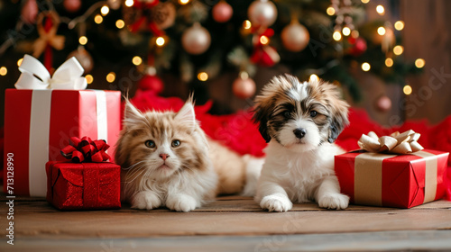 Cute cat and dog puppy with christmas gift boxes on wooden floor. AI Generative