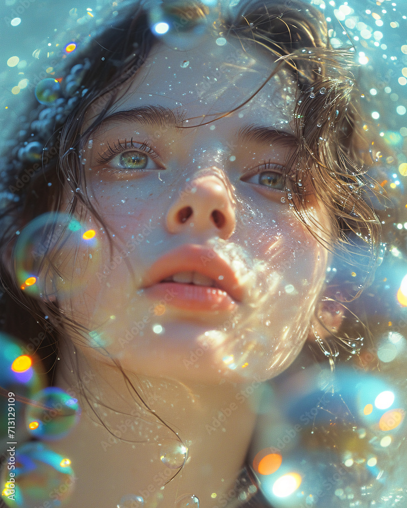 photo shot of a beautiful young woman in romantic dramatic retro analog style, vintage grainy photoshoot with brunette girl with water, holographic bubbles and sparkles with summer vibes photo shot of a beautiful young woman in romantic dramatic retro analog style, vintage grainy photoshoot with brunette girl with water, holographic bubbles and sparkles with summer vibes