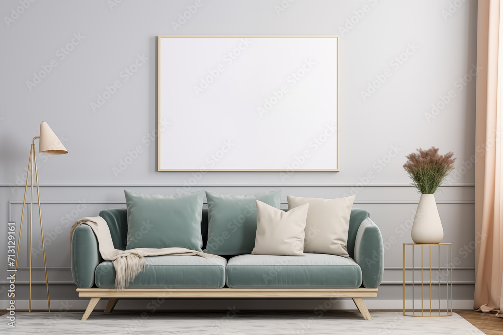 Minimalist living room interior in modern home with big mock up empty poster frame for copy space Minimalist living room interior in modern home with big mock up empty poster frame for copy space